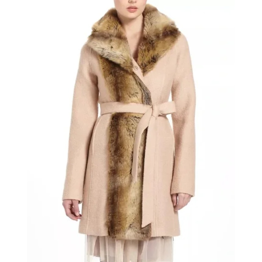 Anthropologie Elevenses Divna Wool Coat Faux Fur Collar & Trim Size 0 Blush Pink